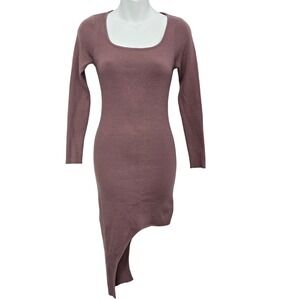 KTK Ribbed Knit Scoopneck Asymmetrical Bodycon Sweater Dress Mauve Medium